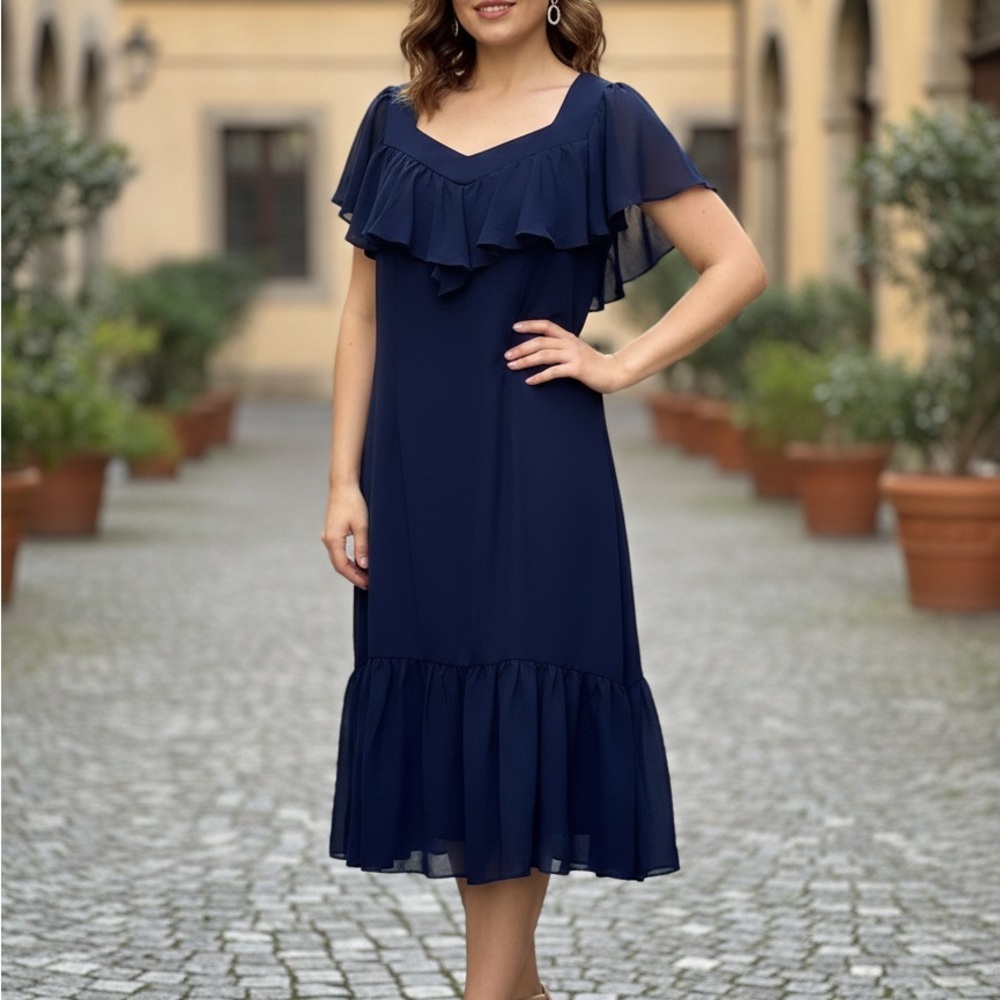 R&M Richards Navy Midi Dress with Ruffle Details